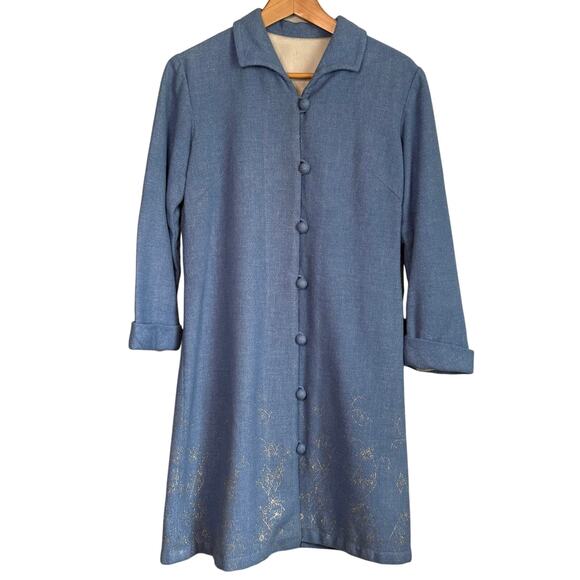 Vintage 60s Sky Blue Wool Coat Dress Women’s Small Metallic Detail Mod Retro - Picture 2 of 7